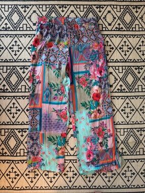 Floral Patchwork Print Wide-Leg Women's Pants - Teal Pink